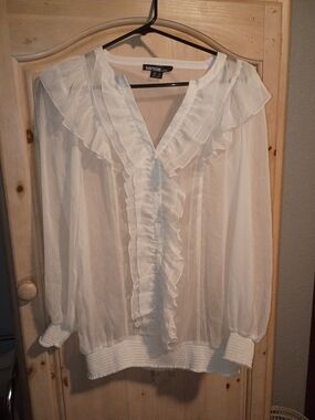Kensie White Ruffled V-Neck Sheer Blouse